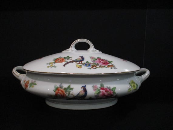 Vintage Eiapg Czechoslovakia Porcelain Covered Tureen with Lid Peacock Pattern Excellent Condition