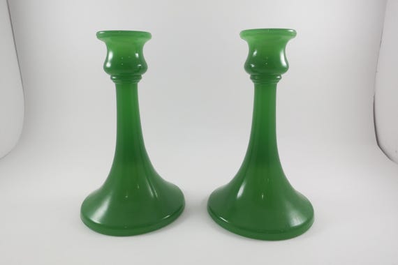 Pair of Jadeite Opaque Flared Base Candle Holders