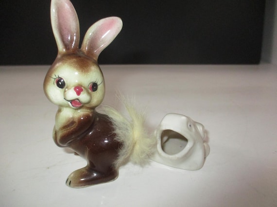 Porcelain Two Piece Figurine Set Japan White Frog Bunny with Bushy Tail Excellent Condition