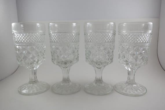Vintage Anchor Hocking Wexford Goblets: Set of 4 Diamond Cut Glasses