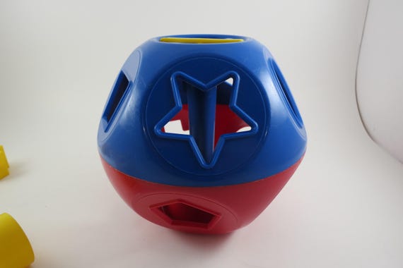 Vintage Tupperware Tuppertoys Red and Blue Shapes Ball with Nine Original shapes