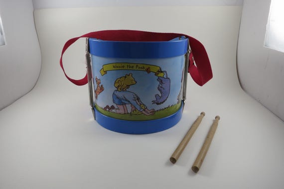 Vintage Schylling Walt Disney Winnie The Pooh 7 Inch Drum w strap and sticks