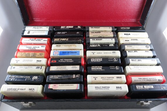 1970s Black Faux Leather 8-Track Case with 36 Rock Tapes