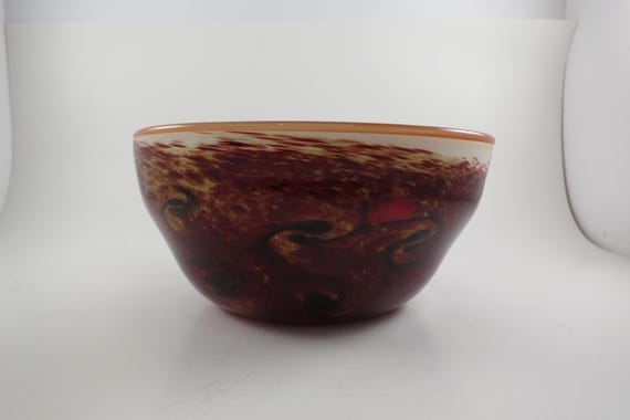 Red Brown White Art Glass Hand Blown 7 Inch Bowl