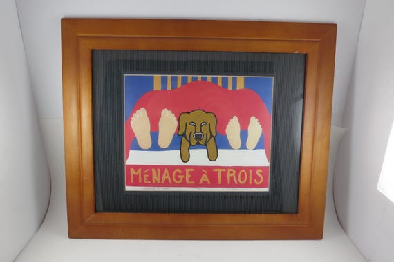 1998 Stephen Huneck Signed and Numbered Print Menage A Trois #73 of 500 Artist Signed Cherry Frame 17x14 Great Conversation Piece Excellent