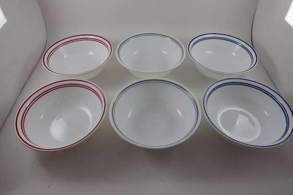 Set of Six Vintage Corelle by Corning Classic Cafe 6 Inch Fruit Bowls Red Green Blue Striped