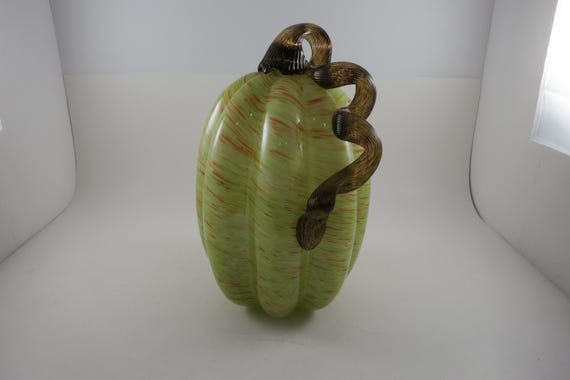 Vintage Hand Blown Art Glass Nicole Miller 9 1/2 Inch Yellow and Brown Pumpkin w/Stem Beautiful Piece