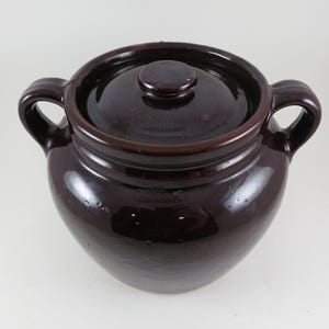 May include: A dark brown ceramic pot with a lid. The pot has two handles and a rounded body. The lid has a small knob. The pot is likely used for cooking or storage.