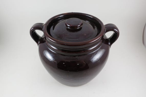 Dark Brown Double Handled Bean Pot with Original Lid