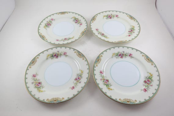 Vintage Noritake Bread Plates - Teal Green Floral China, Set of 4