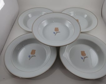 Set of Five Vintage Dansk La Tulipe Taupe 8 3/4 Inch Rim Soup Bowls