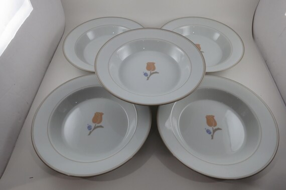 Set of Five Vintage Dansk La Tulipe Taupe 8 3/4 Inch Rim Soup Bowls