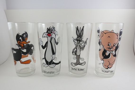 Vintage 1973 Pepsi Looney Tunes Collector Glasses: Sylvester, Bugs Bunny, Porky Pig, Daffy Duck