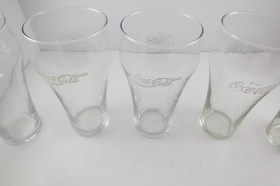 Set of Six Vintage Coca Cola Glasses 1990's Clear with White Lettering 6 Inches Tall Like New Condition