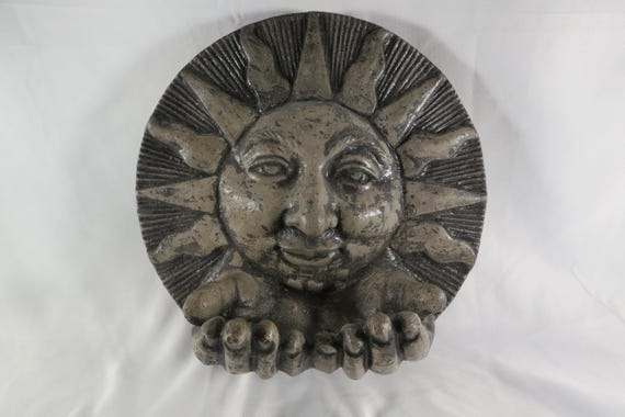 Vintage Cast Stone Sun Face Wall Ornament, Cupped Hands Birdbath (10 Inch)