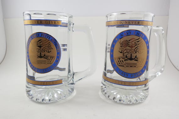 Pair of Navy Chief Petty Officer Tankards Blue Gold Pentagon Khaki Ball 2005