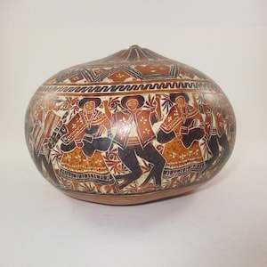 Vintage Hand Carved Peruvian Gourd Rattle: Folk Art Story Telling