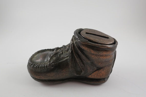 Bronze Copper Baby Shoe Bank 5 Inches Long Excellent Condition