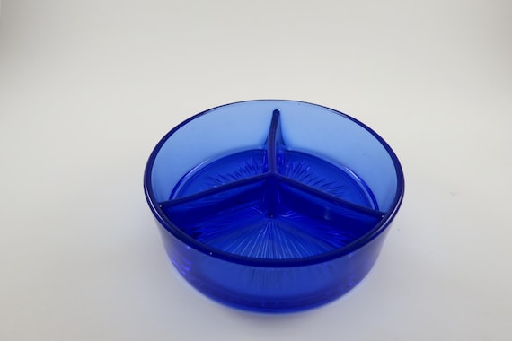 Vintage 5 Inch Cobalt Blue Divided Three Section Serving Dish Sauce Candy Etc Excellent Condition