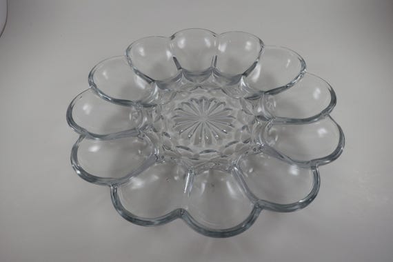 Vintage Anchor Hocking Thick Clear Glass Egg Plate Deviled Holds 12