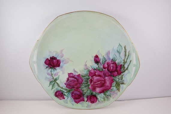 Stunning Hand Painted MZ Austria 10 3/4 Inch Serving Plate Red Floral Amazing Detail Artist Signed Double Handled Gold Trim