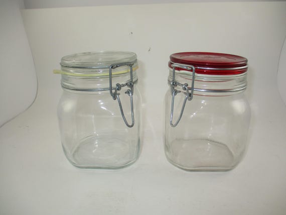 Pair of Vintage Canning Jars with Glass and Wire Lids Fido Italy Red and Clear Top 3/4 Litre