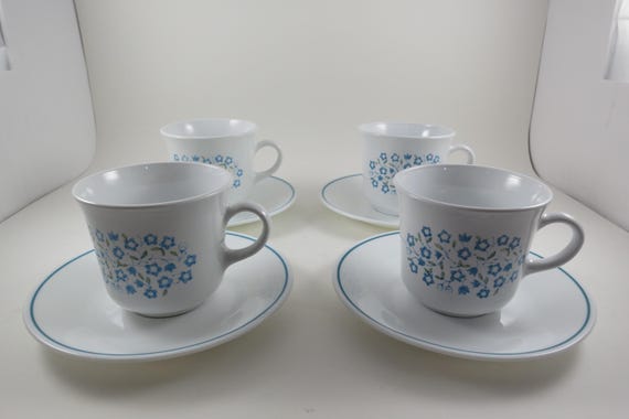 Set of Four Vintage Corelle by Corning Blue Heather Flowers Cup and Saucer Sets Like New Condition