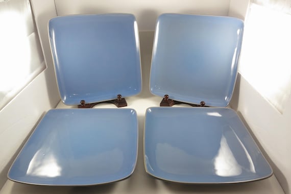 Four Baum Brothers Style Eyes Retro Collection Square 10 1/2 Inch Blue Dinner Plates