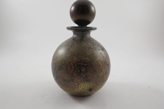 Aisle of Wight Glass Perfume Bottle Made in England Artist Signed Black and Gold 3 1/2 Inches Tall