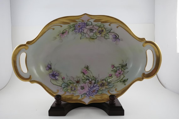 Vintage Plankenhammer Floss Bavaria Germany Hand Painted 12 Inch Double Handled Bowl