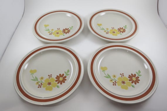 Set of Four Vintage Homer Laughlin China Brown Rim Floral Salad Lunch Plates
