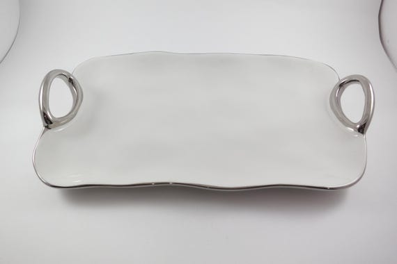 White Porcelain Serving Platter with Titanium Plated Handles (13.5 Inch)