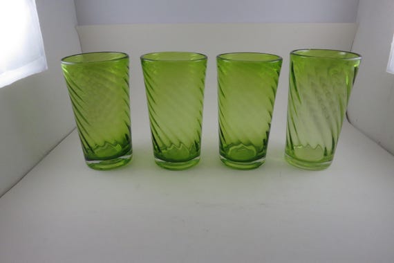 Vintage Set of Four Green Swirl Water Glasses