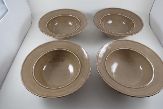 Set of Four Vintage Pottery Barn Cambria Mushroom (Taupe) 7 1/2 Inch Rim Soup Bowls