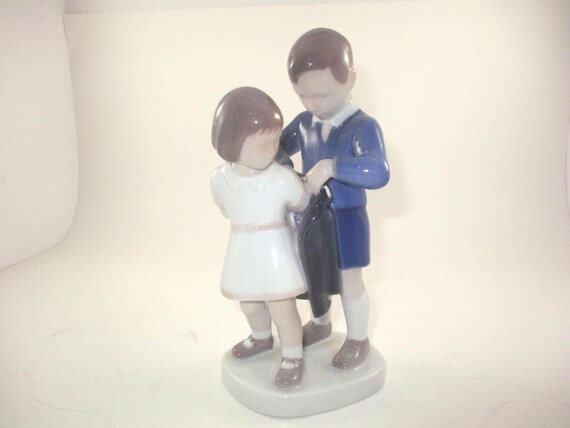 Vintage B&G Bing Grondahl Royal Copenhagen Gentleman Boy Helping Girl with Coat No 2312 Pristine Condition
