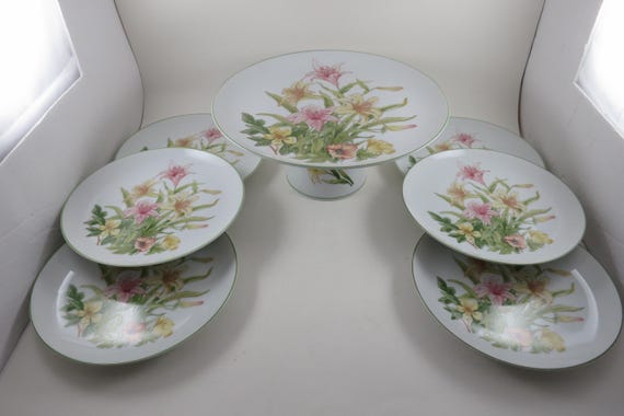 Vintage 7 Piece Shafford Japan Jade Lily Pattern Cake Set Pedestal Stand 6 Plates