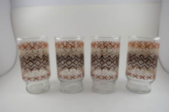 Set of 4 1970's Hocking Brown & Beige Boho Tumbler Glasses