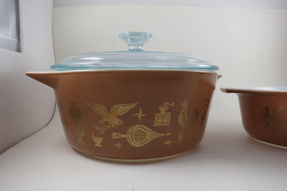 3 Piece Vintage Pyrex Early American Brown & Gold Casserole Set 2.5 Liter 1.5 Quart