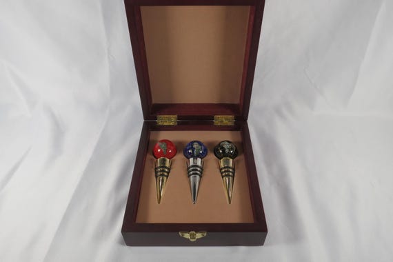 Three Alexander Kalifano Gemstone Globe Wine Bottle Stoppers in Presentation Case