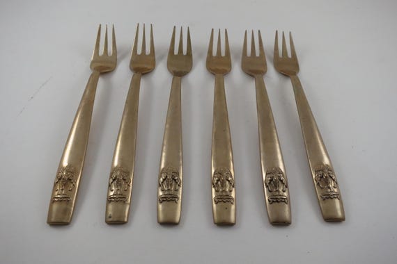 Bronze Ware Siam Thailand Flatware Erawan Set of 6 Seafood Cocktail Forks