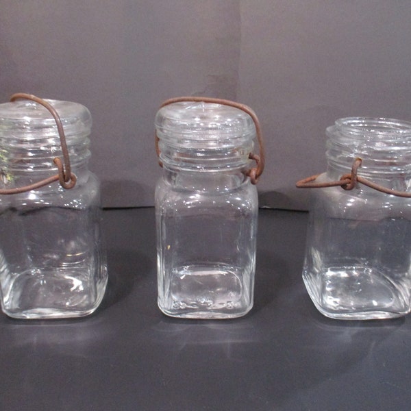 Collection of Three Vintage Hazel Atlas Wire Canning Jelly Spice Jars 2 with Glass Lids Very Good Condition