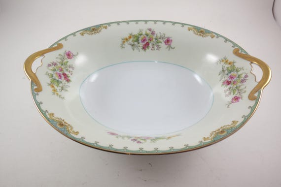 Vintage Noritake N90 Florola Oval Vegetable Bowl: Teal Green Floral Verge, 1940s