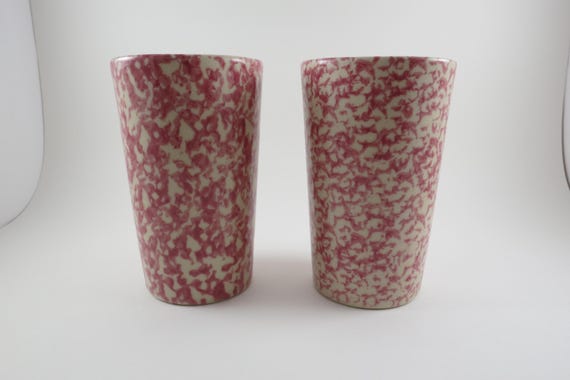 Vintage Henn Pottery Roseville Ohio Red Spongeware Pair of 5 3/4 Inch Tall Cups Glasses