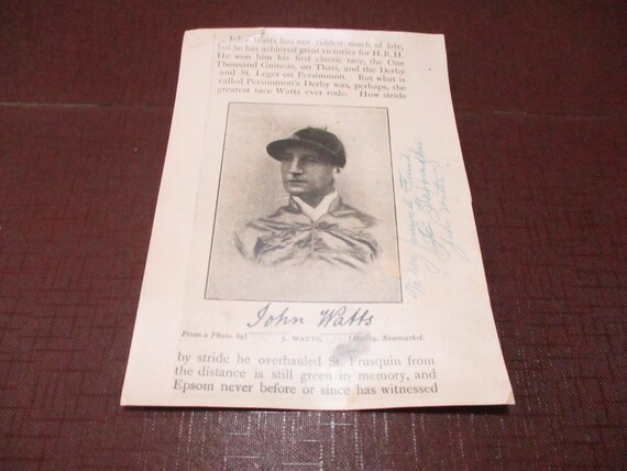 One of A Kind 1900 Article and Picture of Horse Racing Legend John Jack Watts SIGNED by Watts Derby Winner English Jockey