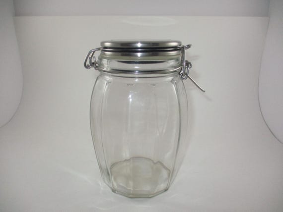 Vintage Italian Amici Clear Glass Canister with Silver Latched Lid Excellent Condition
