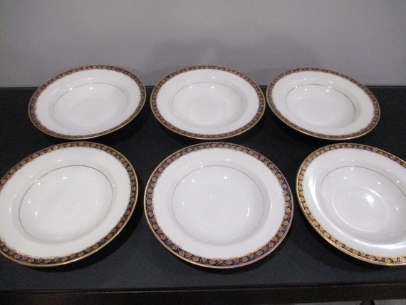 Set of Six Vintage Theodore Haviland NY Oakmond 8 Inch Soup Bowls Double Gold Band Cobalt Rim Excellent Used Condition Free Shipping