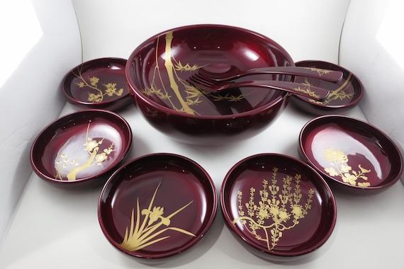 Vintage 9-Piece Red Wood Japanese Lacquerware Salad Serving Set