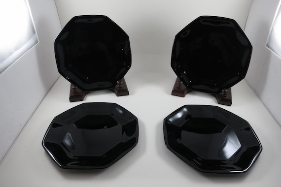 Set of Four Arcoroc France Octime Black 7 3/4 Inch Soft Edge Salad Plates