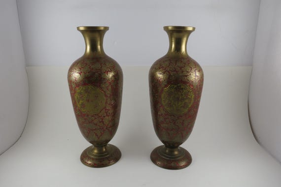 Matching Pair of Bronze Metal 10 1/2 Inch Etched Vases Red & Gold