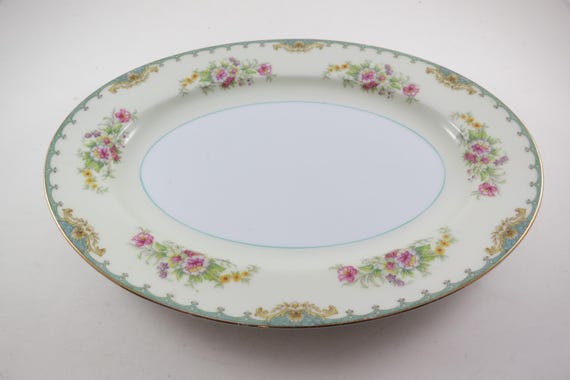 Vintage Noritake N90 Florola Oval Serving Platter: Teal Green Floral Verge, 1940s
